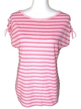 Talbots Pink Stripe Cap Sleeve Top tshirt Women Medium Linen Blend Size Medium